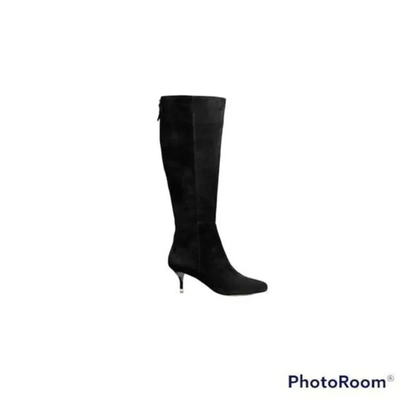 - Coach Women Fayth Black Suede Gold Zipper Kitten Heel Tall Boots - Picture 1 of 8